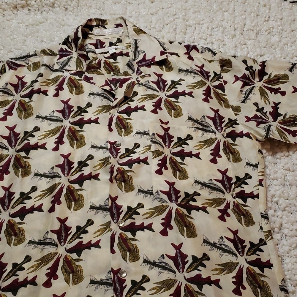 Vintage Perry Ellis men's short sleeve button down FISH PRINT 100% silk